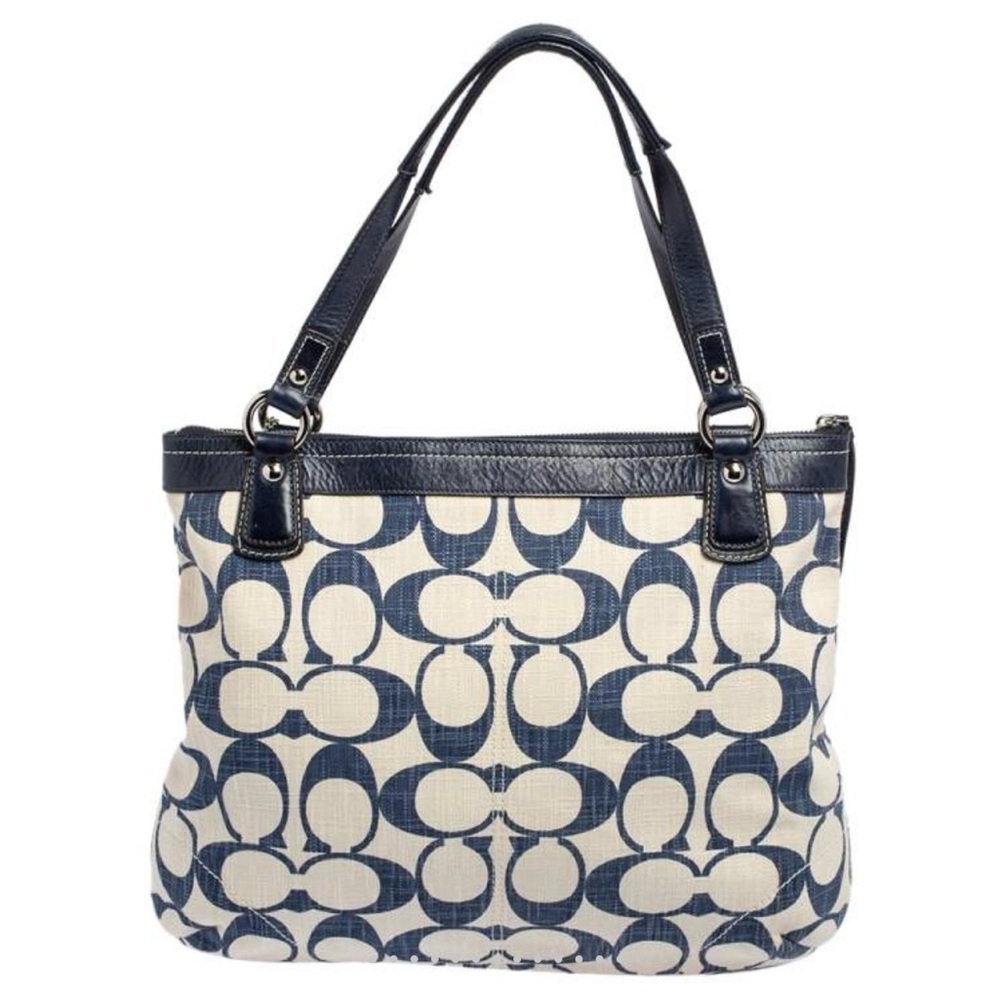 RARE Coach Poppy Signature C Crosshatch Canvas Glam Tote Denim blue and white - Picture 3 of 8